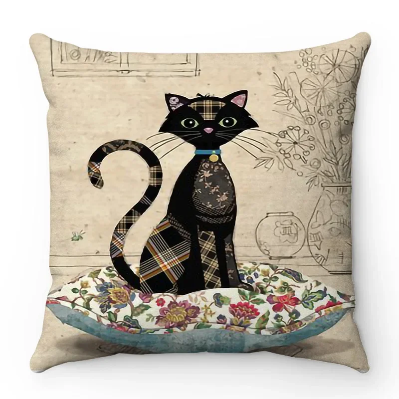 Cartoon Cat Pillow Cover 45x45cm Cute Black Cats Cushion Cover Home Decor Pillowcase Sofa Throw Pillow Case Animals Cushion Case