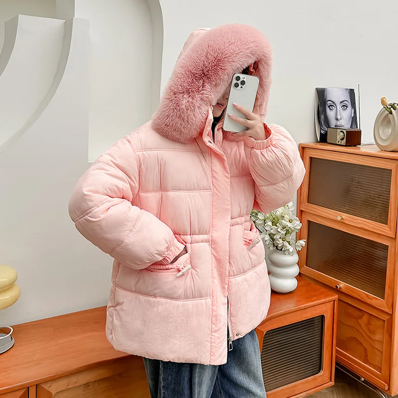 Winter Big Fur Collar Hooded Down Jackets Female Outwear Fur Women Puffer Jacket Parka High-Quality Warm Cotton Padded Down Coat