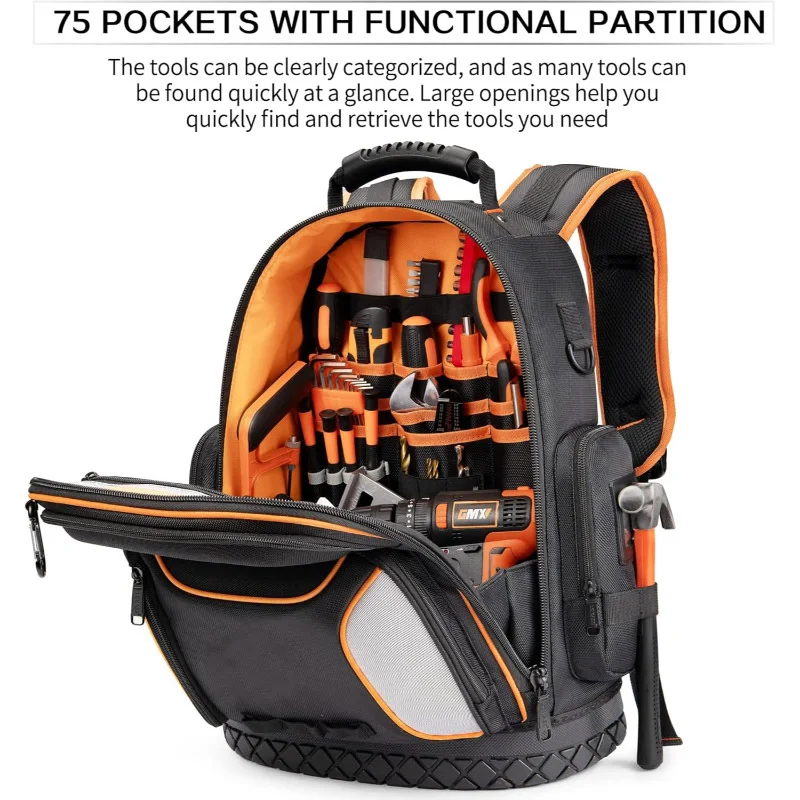 2026 Heavy Duty Tool Bag Waterproof Molded Base Electrician Backpack Large Capacity Work Tools Storage Bag
