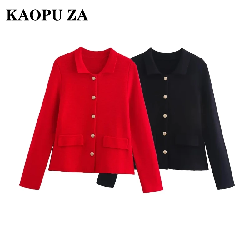 KAOPU ZA 2024 Autumn Woman Casual Solid Color Single-breasted Cardigan Top Female Fashion Knit Turn-down Collar Long Sleeve Coat