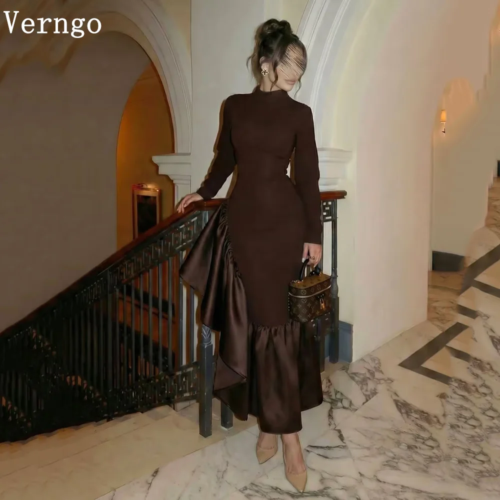 

Verngo Modest Brown Crepe Formal Occasion Dress High Neck Full Sleeves Mermaid Prom Gown Eid Party Dress Customized