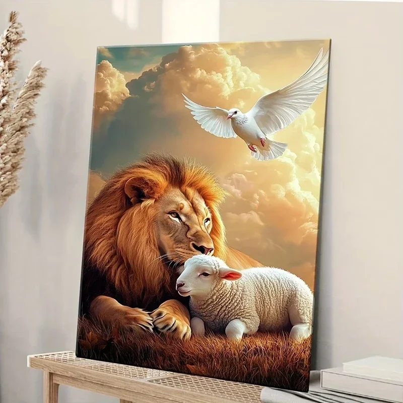 Multiple sizes 1pc frameless Canvas Painting,Lion and The Lamb Dove of Peace Poster and Prints Canvas Painting Wall Art Pictures