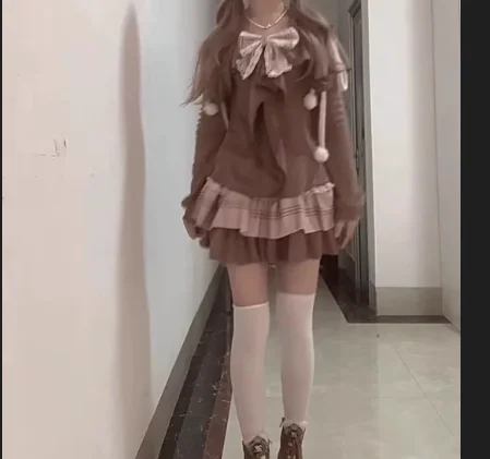 New Korean Retro Y2k Plaid High Waist A-line Lace Cake Mini Skirt Girl Autumn Winter Sweet Cute Bow Artificial Animal Hair Top