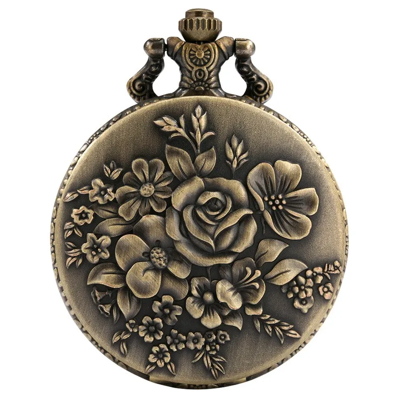 Classical 3D Rose Flower Case Men Women Arabic Number Quartz Pocket Watch Sweater Necklace Chain Collectable Timepiece Gift