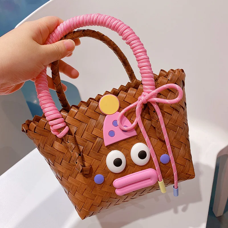 Ugly And Cute Bamboo Basket Bag Cartoon Big Eyes Sausage Mouth Weaving Handbag Nylon Rope Design Women Tote Bag 2024 New