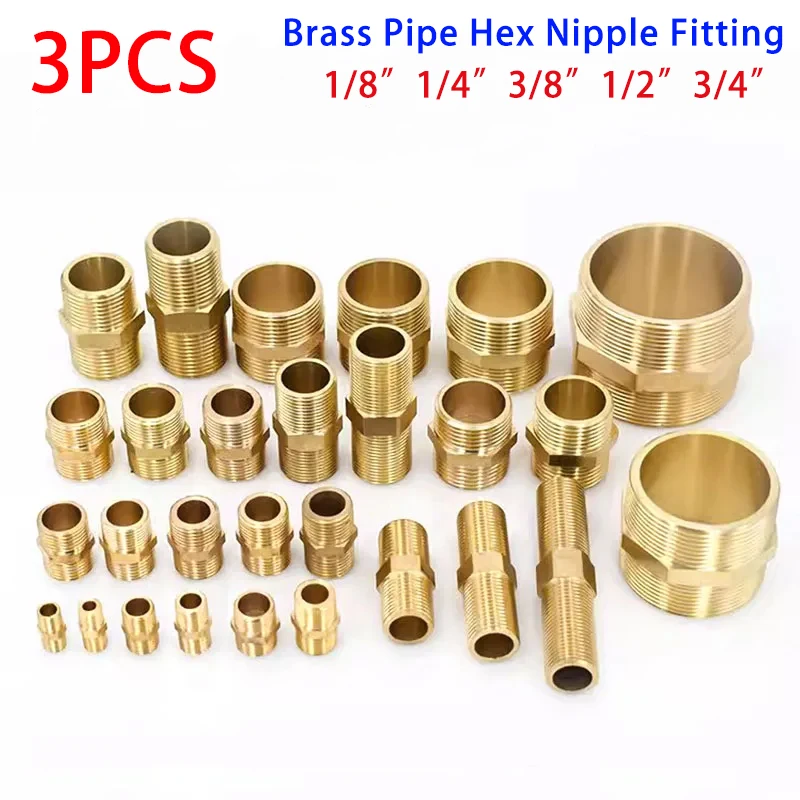 3PCS Brass Pipe Hex Nipple Fitting 1/8