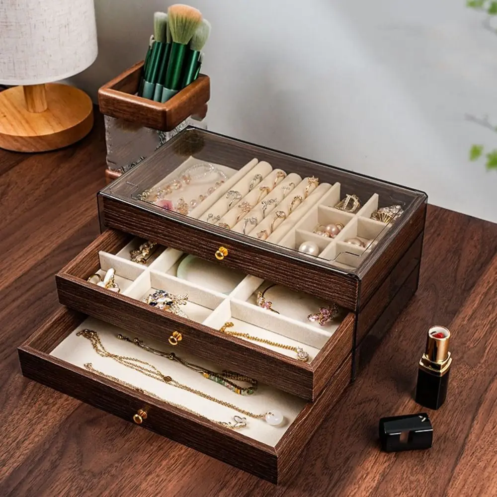 Multi-layer Wooden Jewelry Box Rings Necklace Transparent Window Jewelry Holder Organizer Bracelet Earrings Jewelry Storage Case