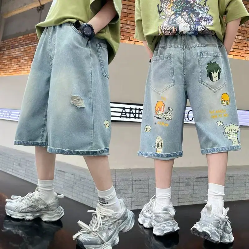 Kids Boys Graffiti Drawing Denim Shorts Cartoon Elegant Children Casual Ripped Short Jeans Capris Pants 5 -14 Years