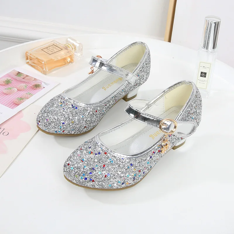 Children Leather Shoes Spring Autumn Causal Princess Shoes for Girls Fashion Sequins Kids Wedding Party High Heel Shoes Non-slip