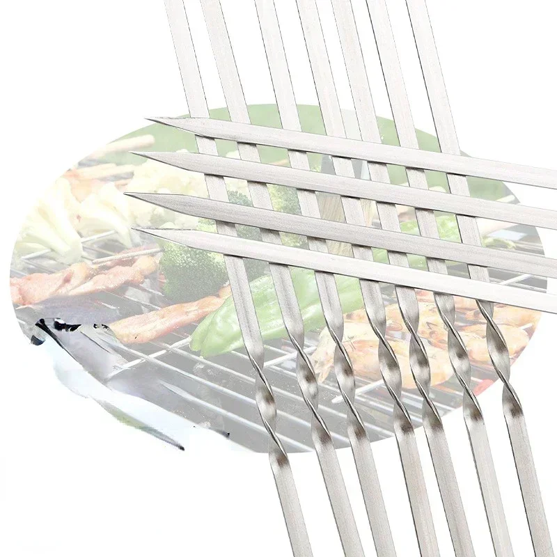 10pcs Meat Round Flat Roast Skewers Stick Stainless Steel BBQ Needle Barbeque Skewers Kitchen Utensils Outdoor Camping Picnic