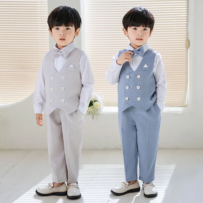 Boy Formal Suit 2024 Spring Handsome Vest Blazer Set Children Wedding Birthday Costume Summer School Host Performance Outfits