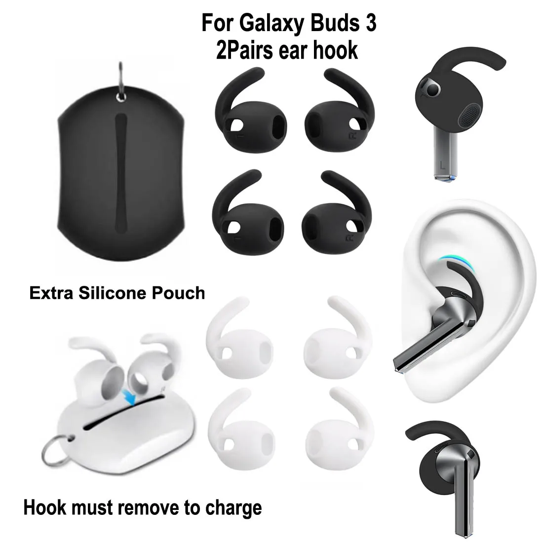 2Pair Ear Hooks Tips for Samsung Galaxy Buds 3 Anti Slip Holders Silicone Eartips Earbuds Case Cover Triple