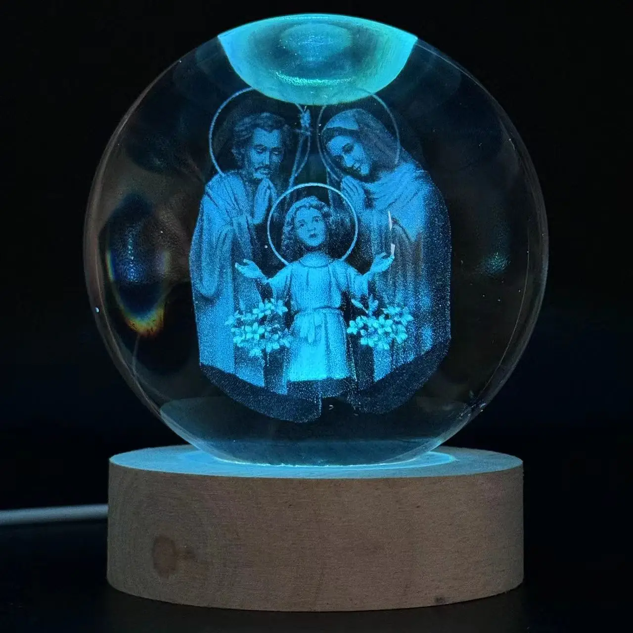 1pc,3D laser engraving family happy round ball night light, with colored light wood lamp holder, home decoration decoration, sui