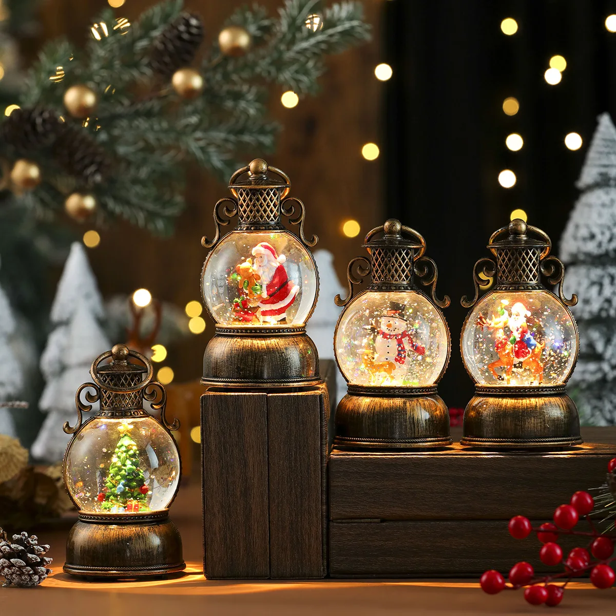 

Snowfall Christmas Glowing Resin Ornament USB with Music Christmas Decoration Water-filled Hand-held Gold-painted Horse Lantern