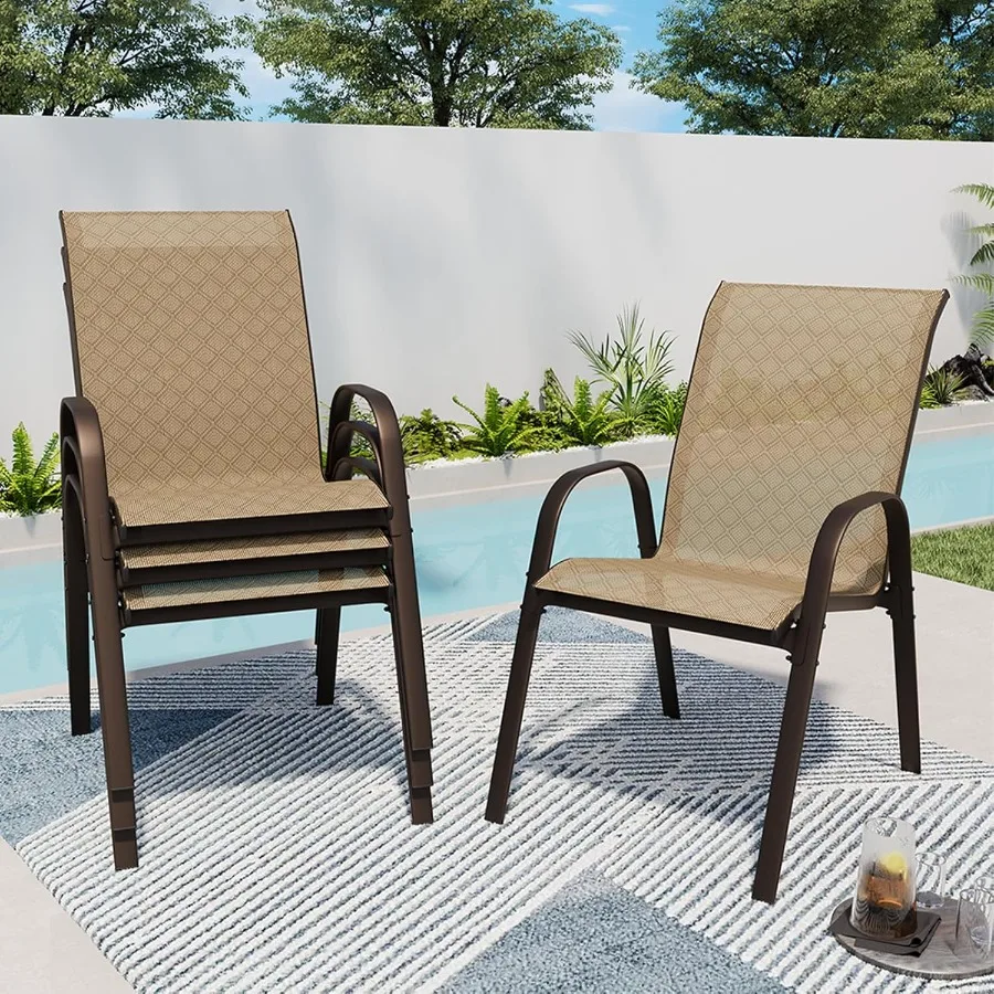 Patio Chairs Set of 4 with Armrests Outdoor Stackable Dining Chairs with Breathable Backrest and Metal Frame for Lawn Garden De