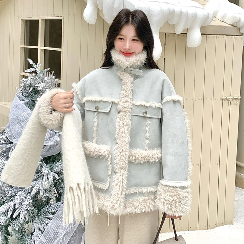 フェイクファーコート ライトブルー パッチワーク ラムウール 冬用ファー ジャケット フリース裏地付き レディース服 厚手 レザーファー ジャケット