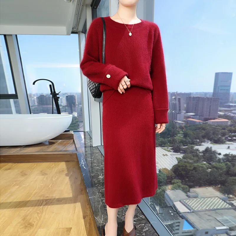 Autumn and winter new women's 100% mink cashmere sweater crewneck jumper fashion solid color knitted skirt suit