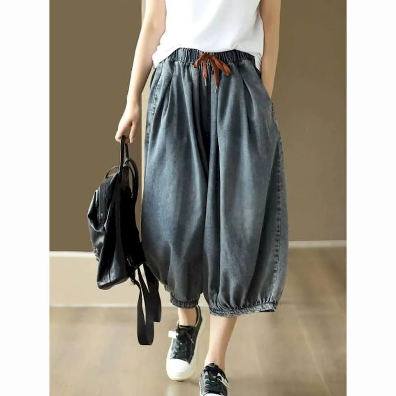 Baggy Jeans Women Oversized Casual Loose Lantern Calf Length Pants Vintage Artistic Elastic Waisted Streetwear Women Clothing