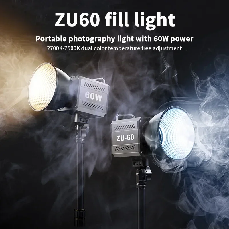 Luz de vídeo COB de 60W CRI≥90 TLCI≥97 Iluminación de salida continua Temperatura de color dual 2700K-6500K Luz portátil en vivo Bowens