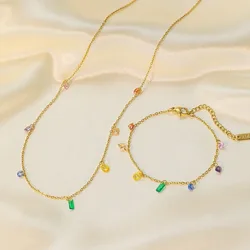 Kolmnsta Bohemia Colorful CZ Crystal Choker Necklace For Women Girls Stainless Steel Pendant Chain Necklace Bracelet Jewelry Set
