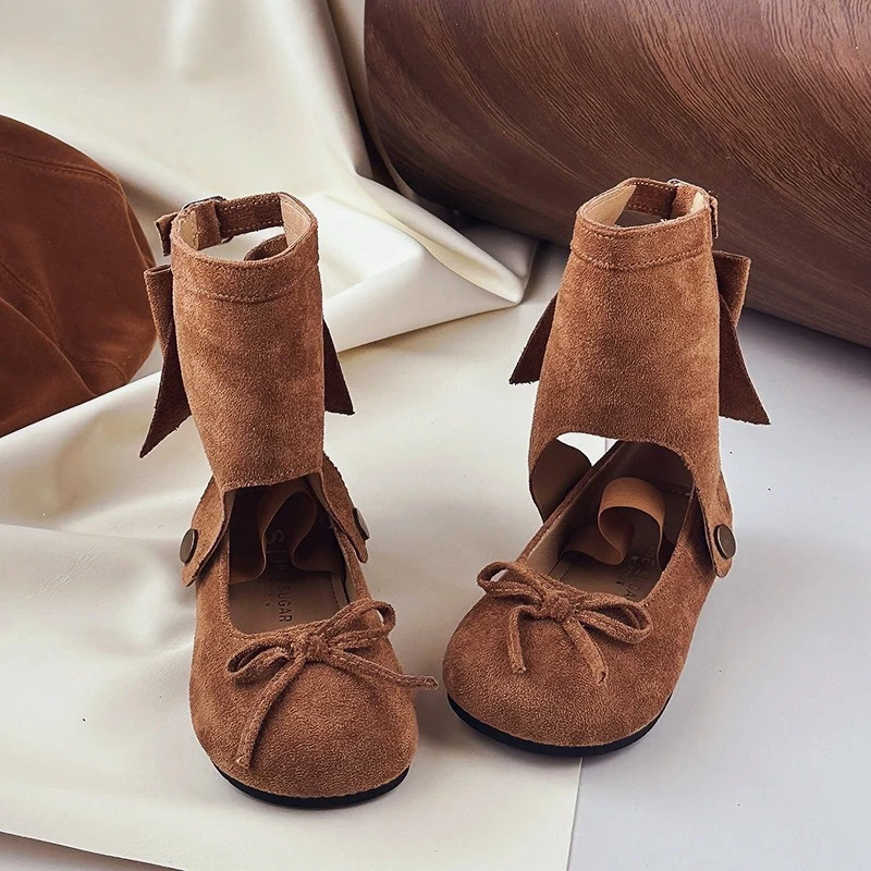 

Sweet Girls Short Boots Slip-on Trendy Kids Flats with Simple Bows 2025 Autumn New Children Fashion Boots Detachable Soft Bottom