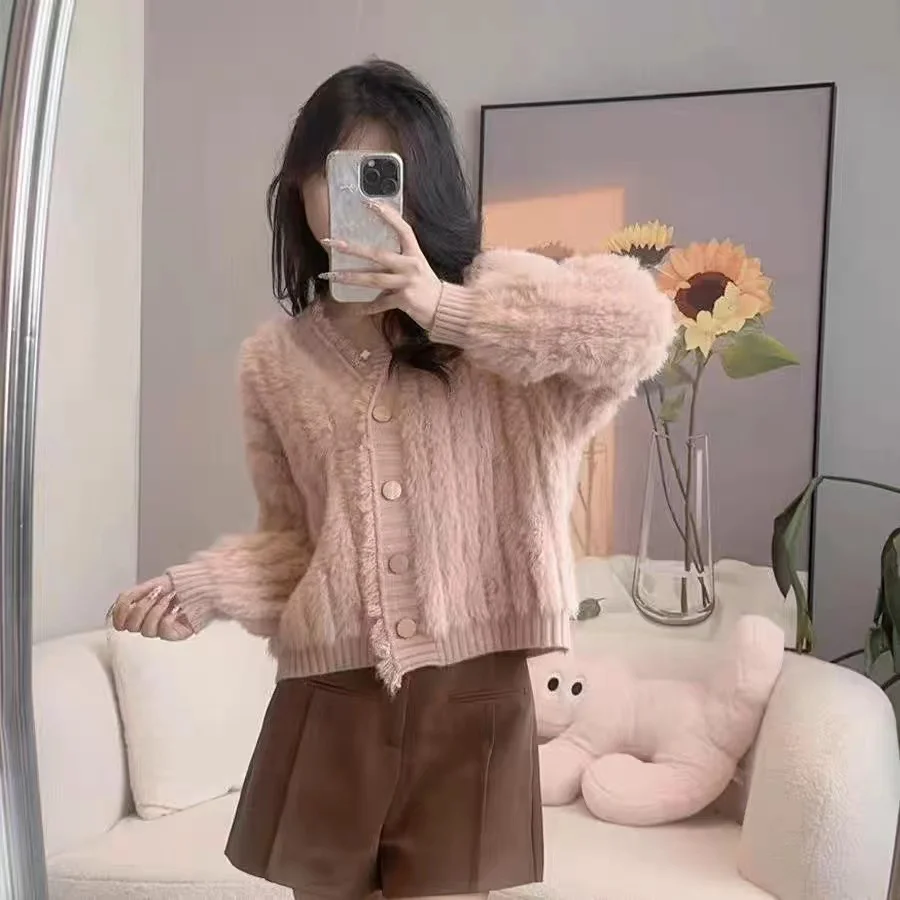 女性用フェイクミンクファーセーター,Vネックカーディガン,タッセル,ルーズフィット,キュート,トレンディ,秋冬