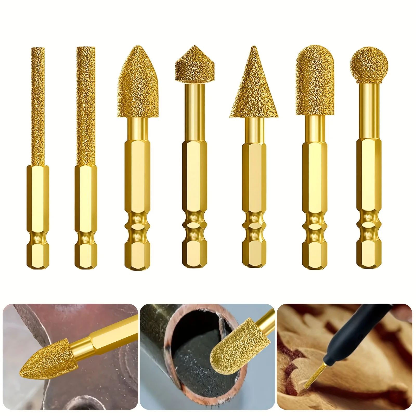7Pcs Brazing Grinding Head Diamond Rotary File Head Iron Stainless Steel Burr Ceramic Tile Stone Polishing Engraving Drill Bits