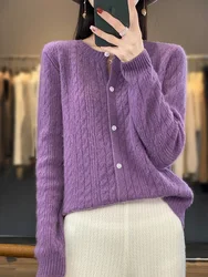 2024 New Women Cardigan Sweater High Quality 100% Merino Wool O-Neck Long Sleeve Cashmere Knitwear Spring Autumn Female Clothes