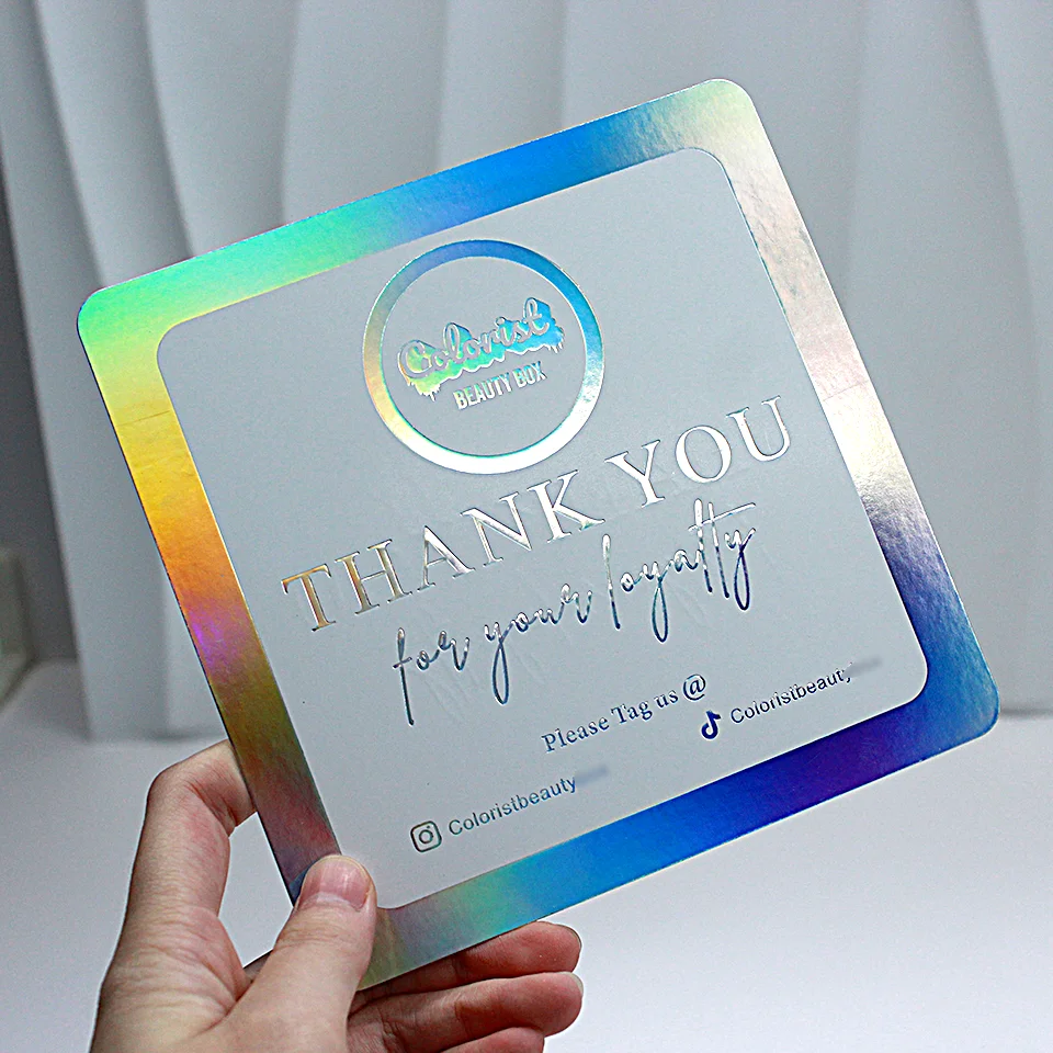 Custom LOGO Hologram Printing Hangtag for Clothing Glitter Laser Swing Tags Holographic Silver Thank You Card Boutique Gift Card