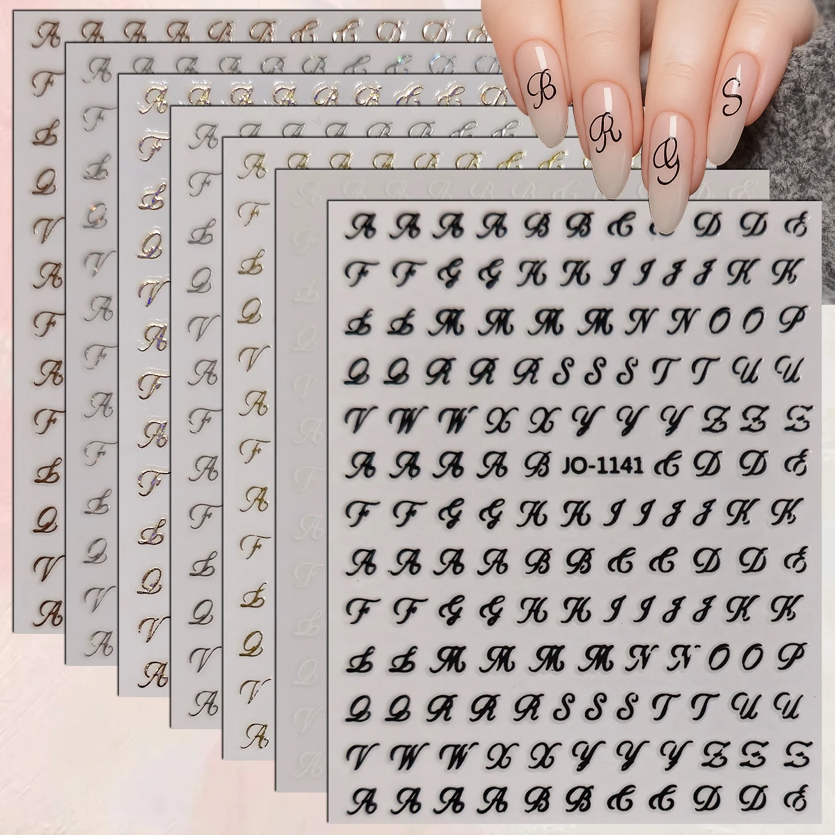 2 to 35 Sheets 3D Alphabet Letter Nail Stickers Black White Gold Initial Cursive Decals Self Adhesive Monogram Nail Art