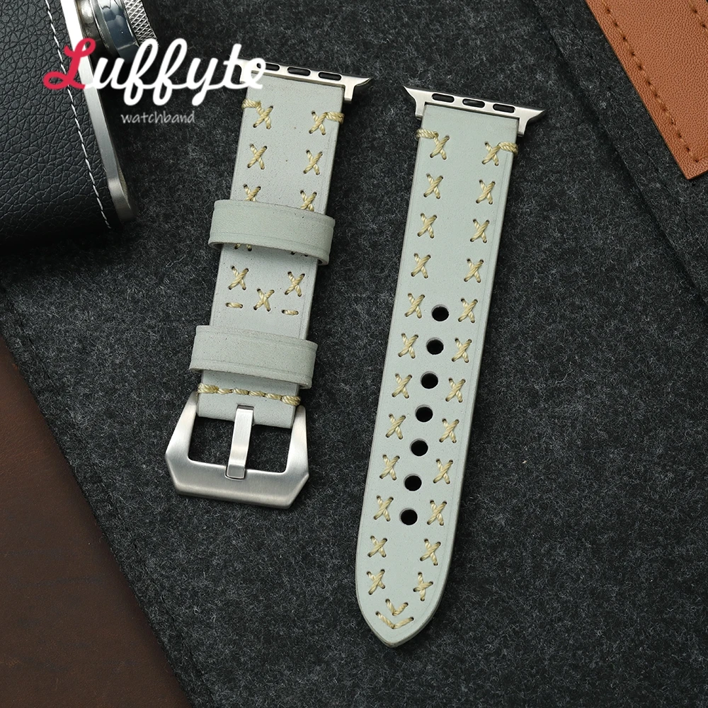 Thick Crazy Horse Leather Strap for Apple Watch 1-10 Ultra SE 2 Hand Stitching Watchband for IWatch 38/40/41/42/44/45/46/49mm