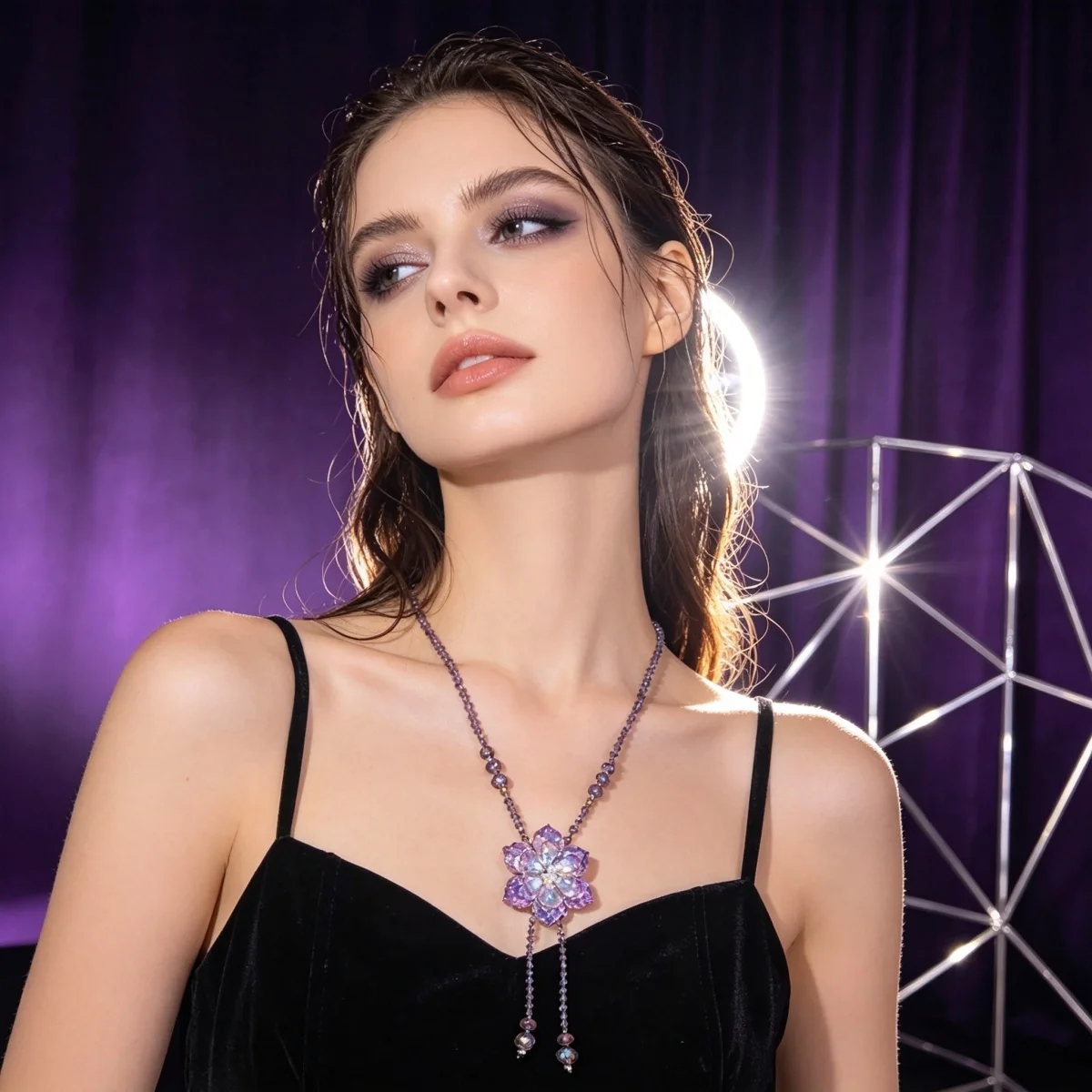 Glänzende lila Kristallblumen-Pulloverkette für Damen und Herren, Vintage-Halskette mit Kordelzug, Perlen, Y-förmiger Quasten-Blumen-Choker-Schmuck – Detail 11