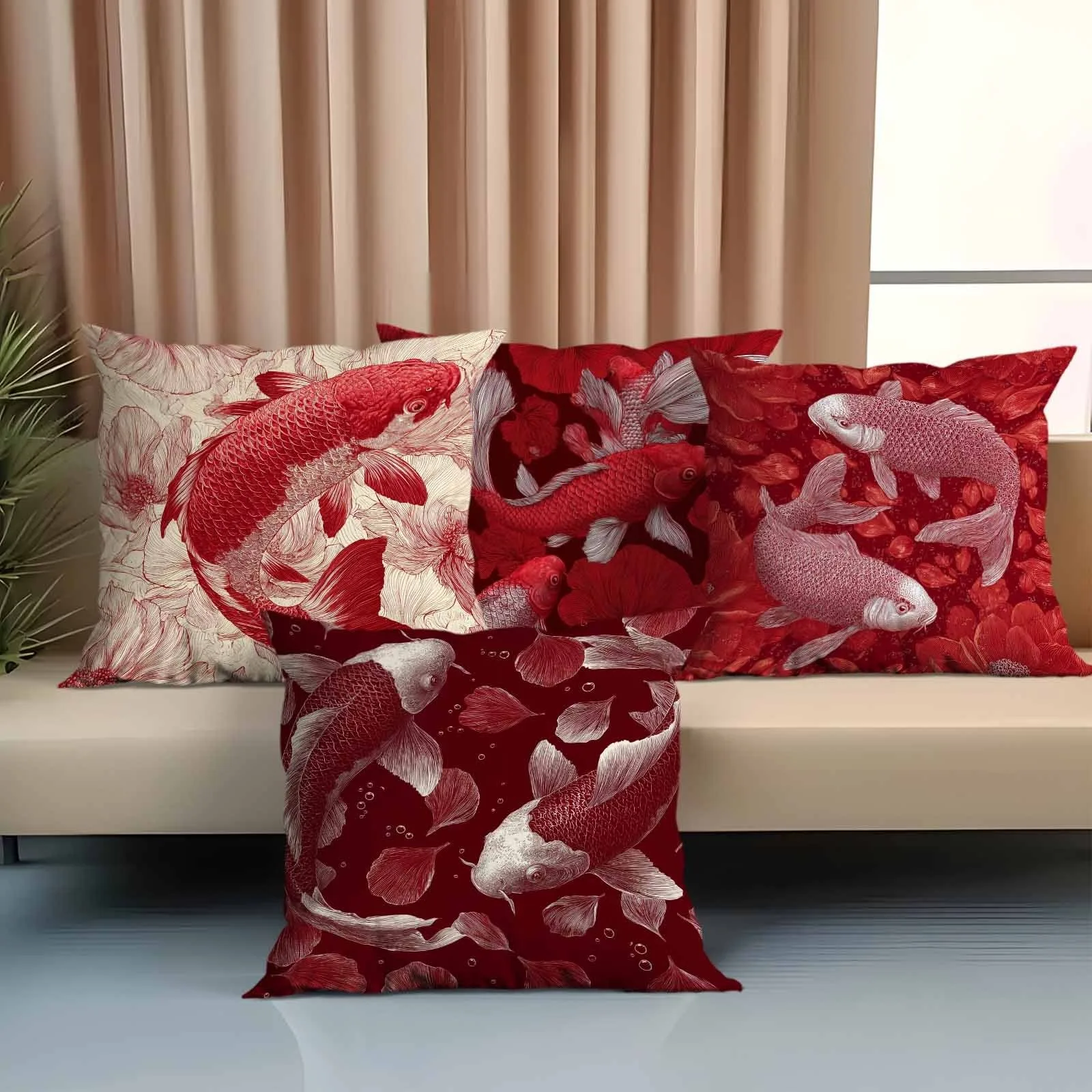 

Элегантная наволочка с красной рыбой кои - наволочка с цветочным узором и принтом для дивана, спальни, гостиной