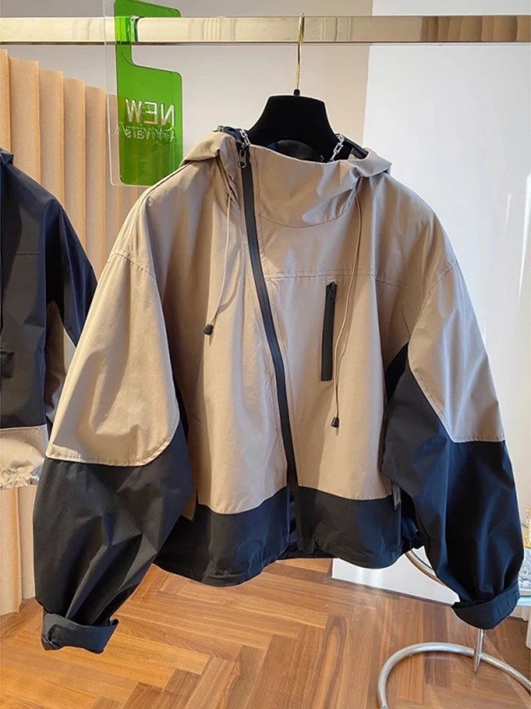 

Spring new design sense niche loose and casual windproof hooded jacket women's contrasting color patchwork trendy coat