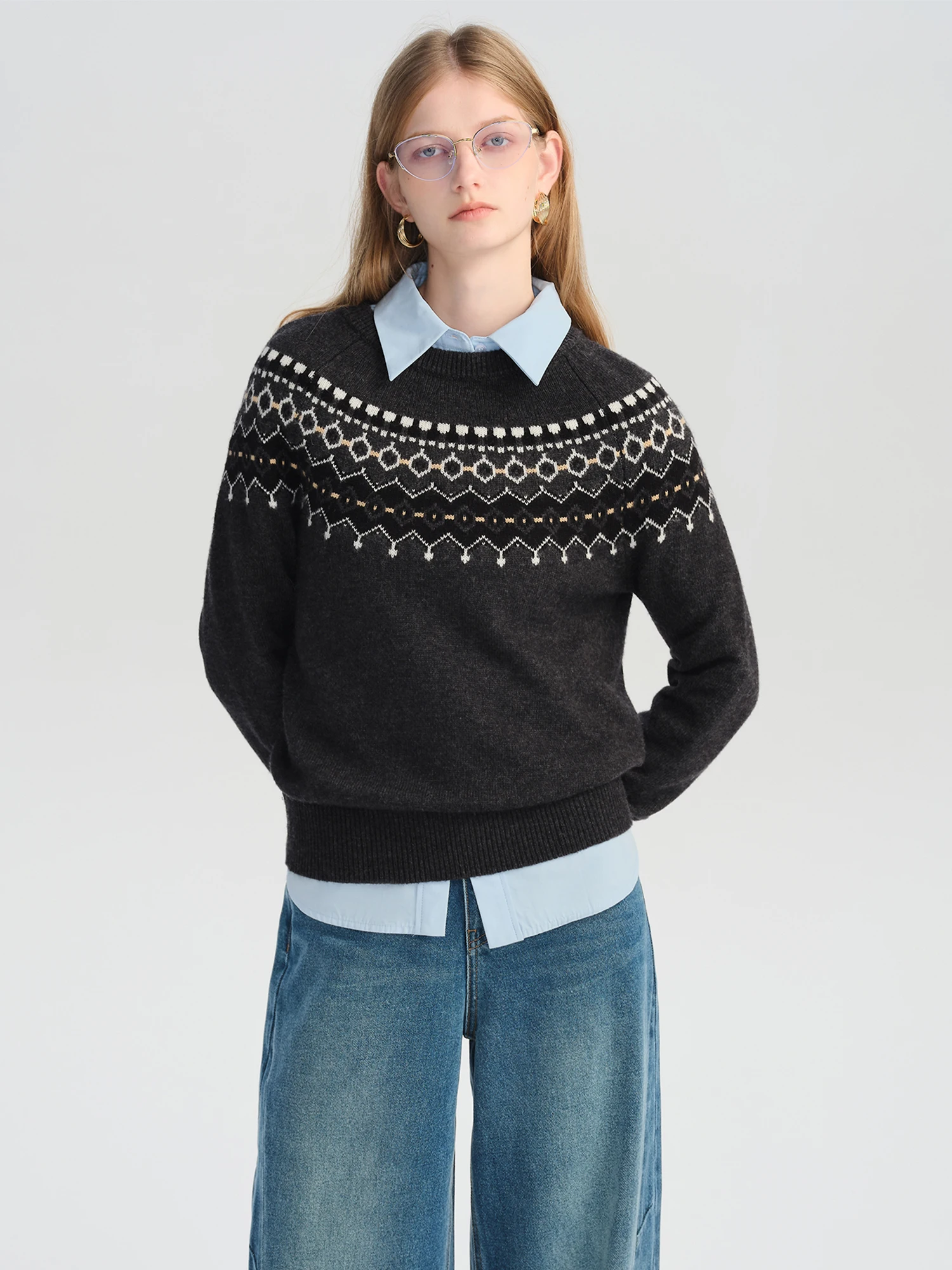 Ziqiao 2025, winter nieuwe collectie chique patroon Fair Isle trui voor kleine vrouwen, vintage geïnspireerd ontwerp, wollen gebreide wollen tops