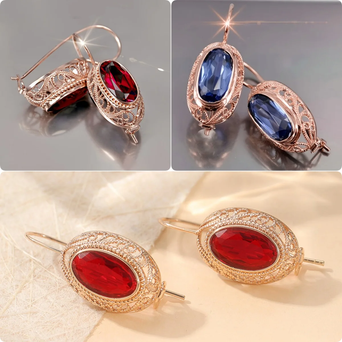 Exquisite funkelnde ovale rot/blaue synthetische Zirkonia-Ohrringe für Frauen, rosévergoldet, Bankett, Hochzeit, Schmuck, Kunsthandwerk