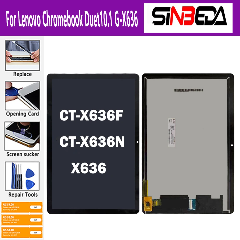 

LCD Display Touch Screen Digitizer Assembly Replacement Tools for Lenovo Chromebook Duet, CT-X636F, CT-X636N, X636, 10.1"