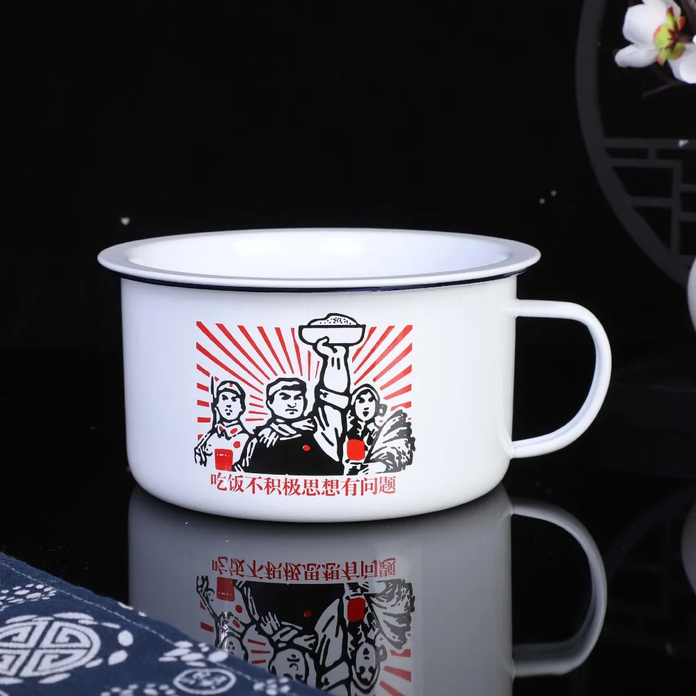 

1970s Retro Style 1300ml Enamel Instant Noodle Bowl with Lid Handle Rice Bowl Thickened Large Size Enamelware Mug Soup