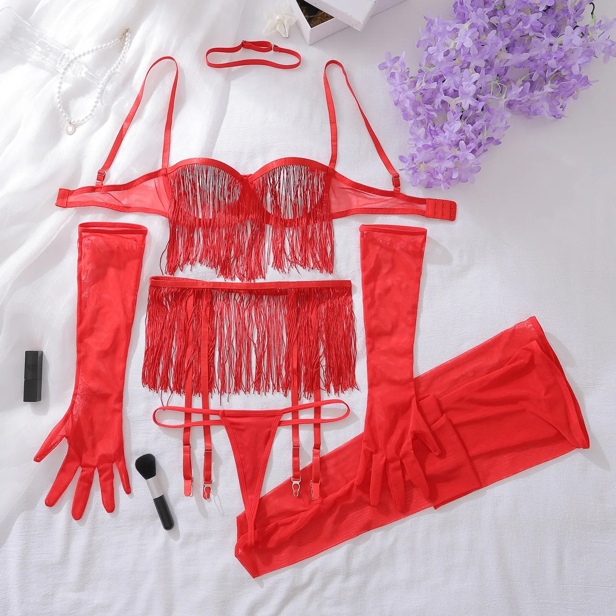 Conjunto de lingerie sexy com franjas transparentes de renda vazada, conjunto de seis peças de sedução de tentação sem remoção