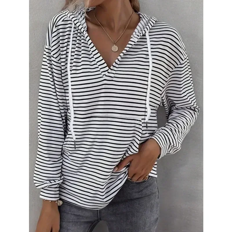 เสื้อสเวตเชิ้ตแฟชั่นผู้หญิงไซส์ใหญ่ 1XL-5XL แขนยาว ลายทาง พิมพ์ลาย คอกลม มีฮู้ด สวมใส่สบาย สไตล์ลำลอง