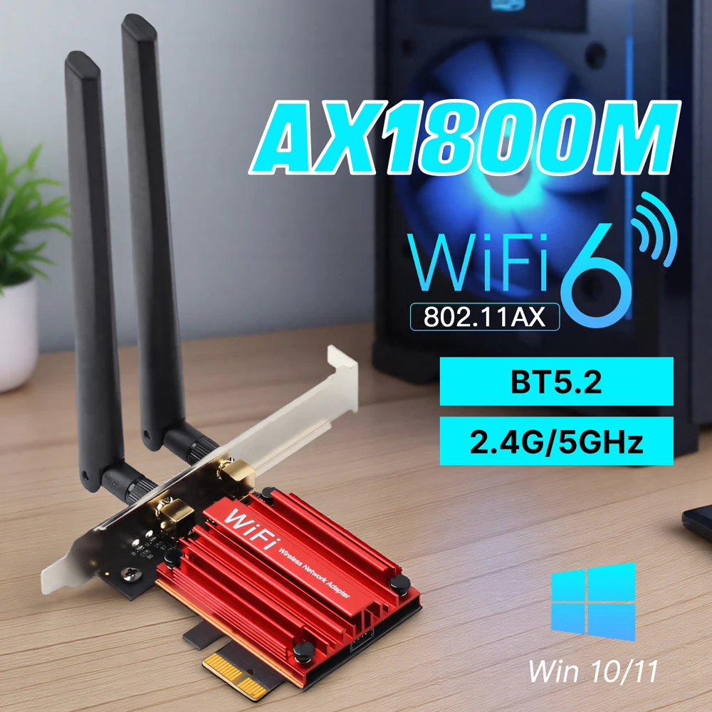 Wifi 6 pcie ax1800 cartão sem fio banda dupla 5ghz/2.4ghz bluetooth 5.2 antenas externas adaptador mt7921 para desktop pc win 10/11