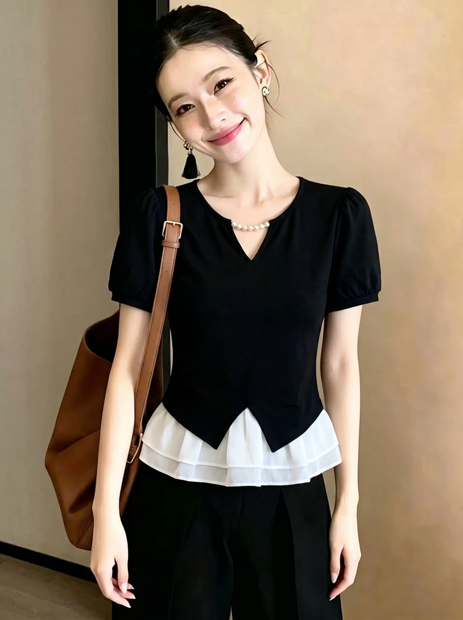 Slimming V-Neck Short Sleeve T-Shirt Women's Summer New Style Fake Two-Piece Bell  Waist-Cinching Top Commute Style