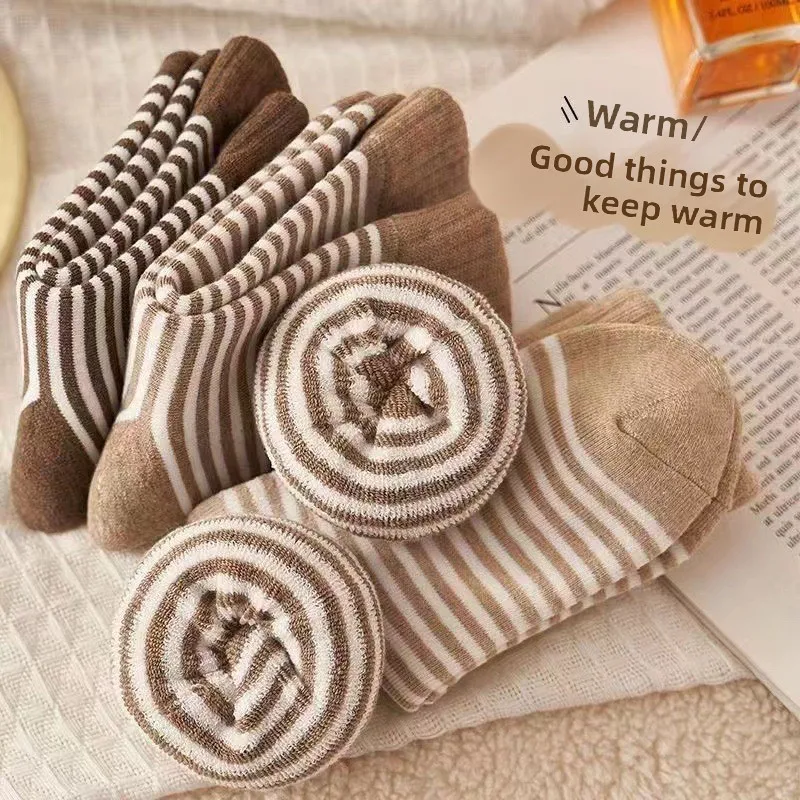 5 أزواج من الجوارب الحرارية للأطفال مبطنة بالصوف، جوارب شتوية سميكة متوسطة الساق مخططة للجنسين للأطفال الصغار