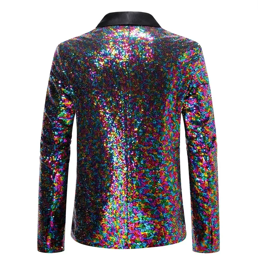 Men\'s Colorful Glitter Sequins Decoration Black Collar Blazer, Wedding Party Dress Coats, Blue Male Suit Jacket S M L XL XXL