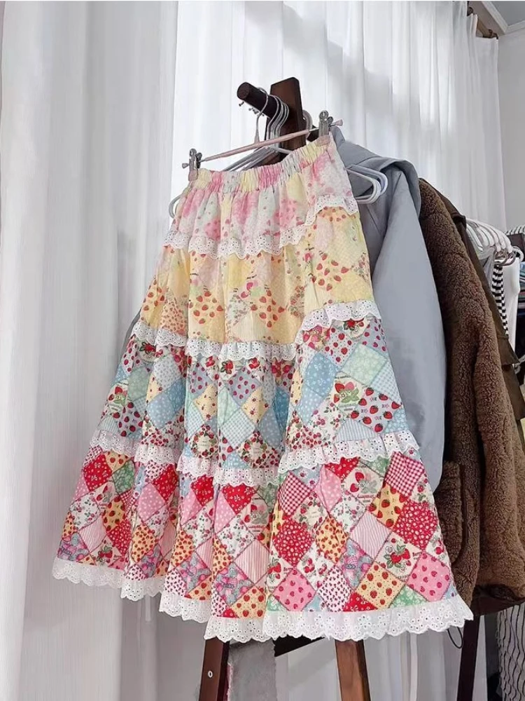 Sweet Cottagecore Patchwork Midi Skirt Floral Print Tiered Ruffle Skirt White Lace Trim Elastic Waist Bohemian Vintage Aesthetic