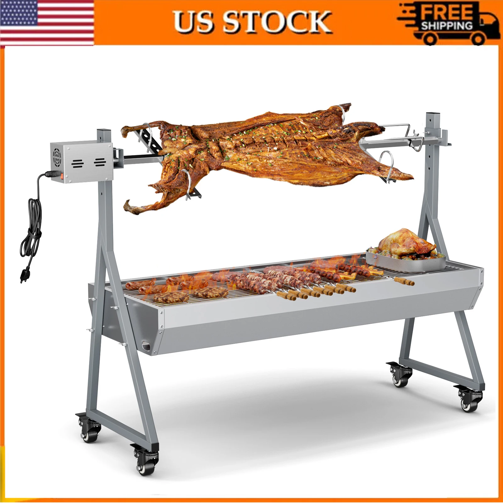 Metal Rotisserie Grill 176lbs, 25W Motor Small Pig Lamb Rotisserie Roaster, 47 Inch BBQ Charcoal Rotisserie Grill