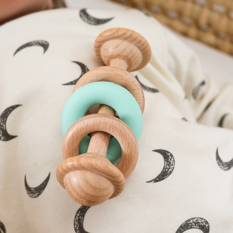 BPA-freie Babyspielzeuge Holzrasseln Silikon-Ringrasseln und Mobiles für Babys 0–12 Monate Sensorische Spielzeuge Holzbeißring Babygeschenke – Detail 17