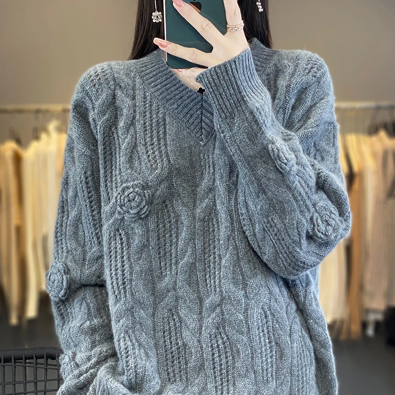 New Arrivals Large Size 100% Merino Wool Hollow Out Women's Sweater O-Neck Pullovers Knitted Jumpers Lady Clothes Fashion Trends