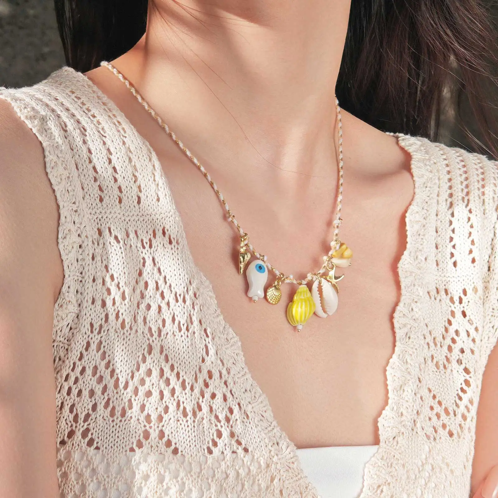 

Women Summer Sea Star Shell Pendant Necklace Handmade Woven Adjustable Chain Necklace Bracelet Ocean Style Beach Party Jewelry