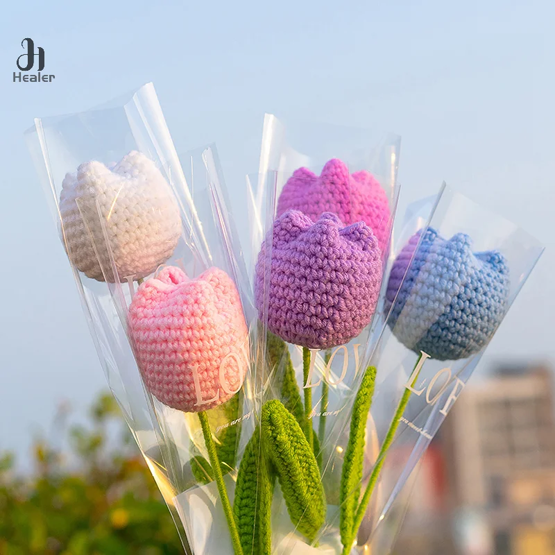 Tulip Knitting Flower Woven Tulips Single Flower Bouquet Wedding Decoration Graduation Gifts Hand Crochet Fake Floral